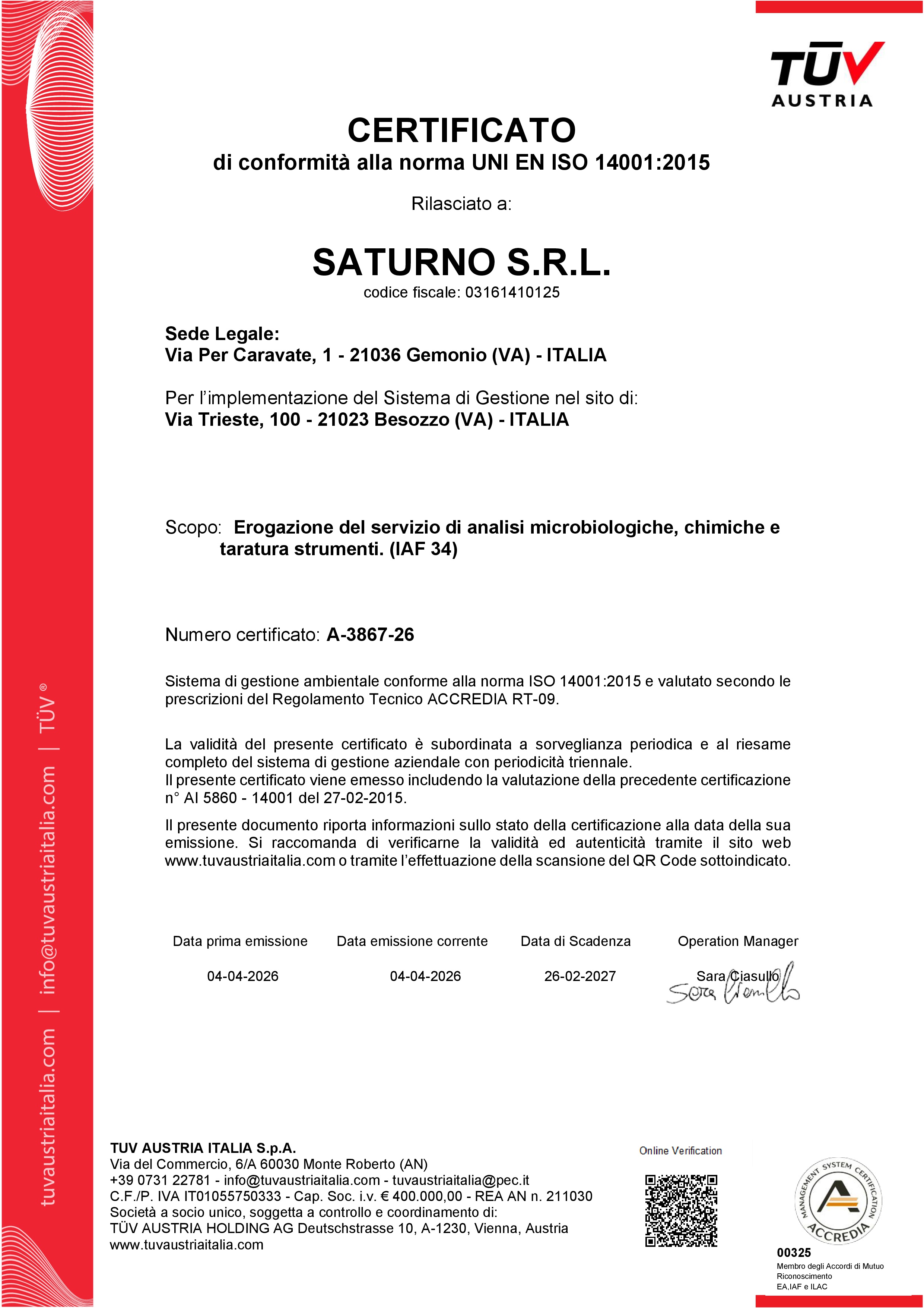 ISO 14001 - Certificato del sistema di Gestione Ambientale