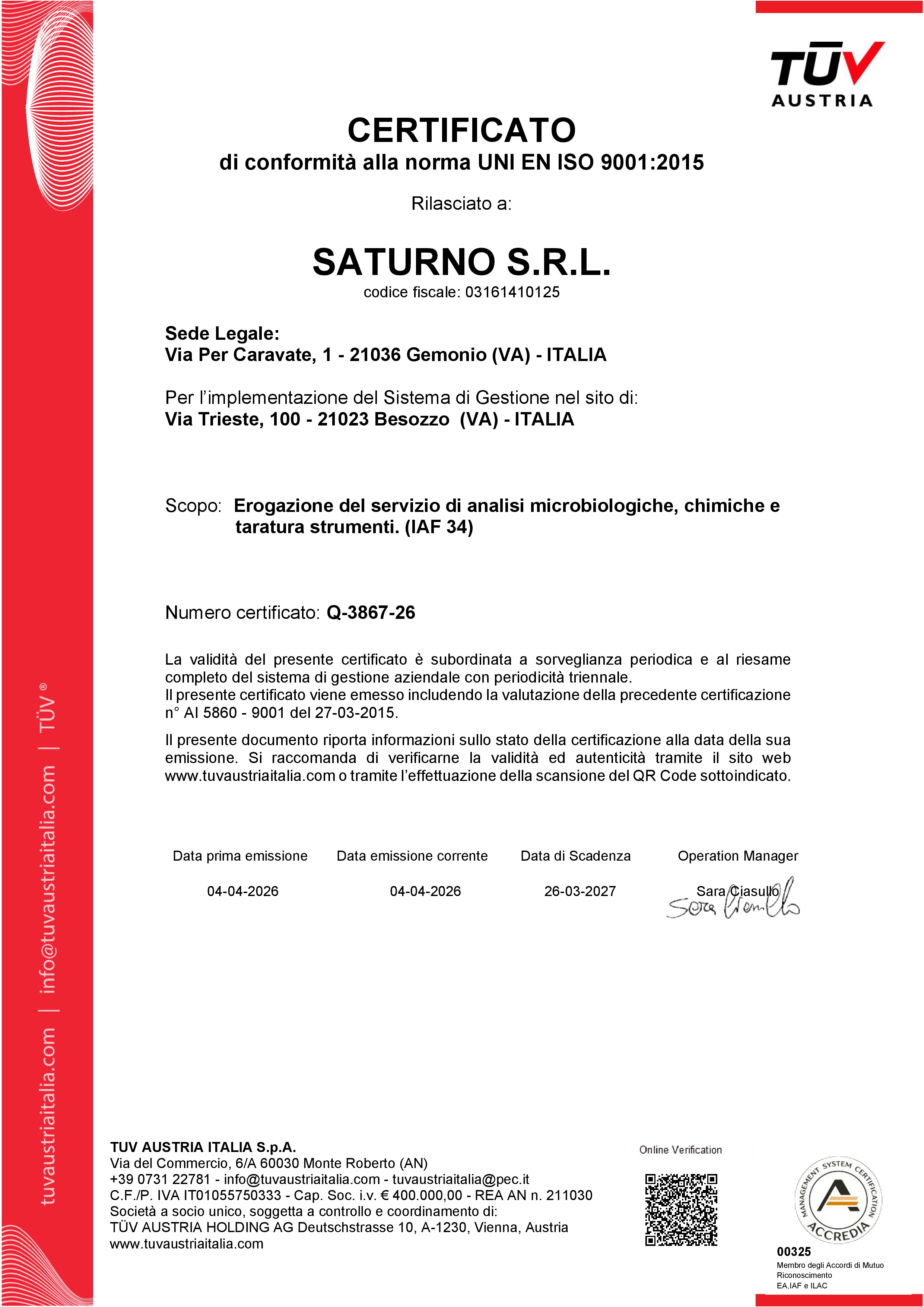 ISO 9001 - Certificato del sistema di Gestione Qualità